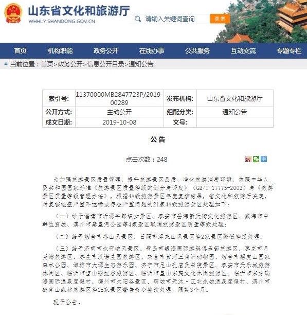 山東對21家4A級景區重拳整治 4家摘牌2家降級！